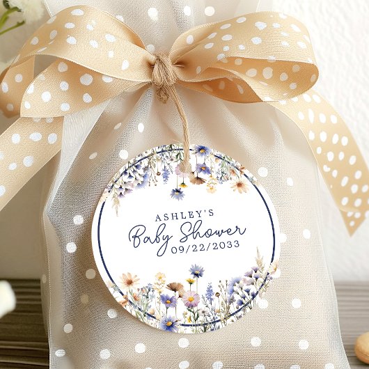 Étiquettes Cadeau Baby shower d'aquarelle Boho Fleur sauvage bleu