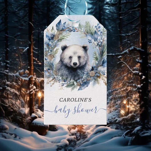 Étiquettes-cadeau Baby shower d'aquarelle de l'ours d'hiver