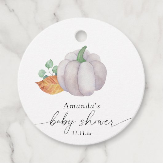 Étiquettes Cadeau Baby shower d'automne citrouille blanc (Devant)