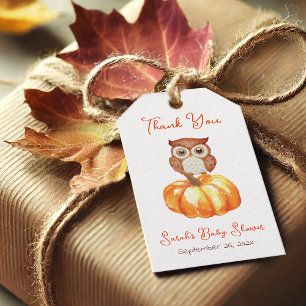 Étiquettes-cadeau Baby Shower d'automne Citrouille et Hibou Merci