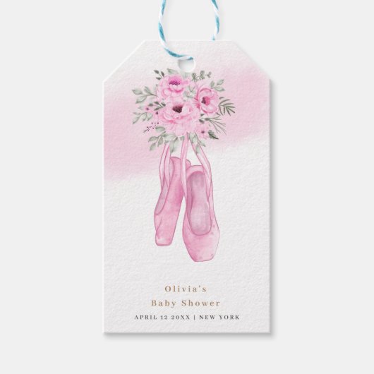 Étiquettes-cadeau Baby shower de chaussures rose Elegant Floral Ball (Devant)