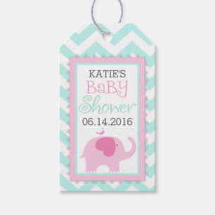 Étiquettes-cadeau Baby shower de Chevron d'oiseau d'éléphant rose