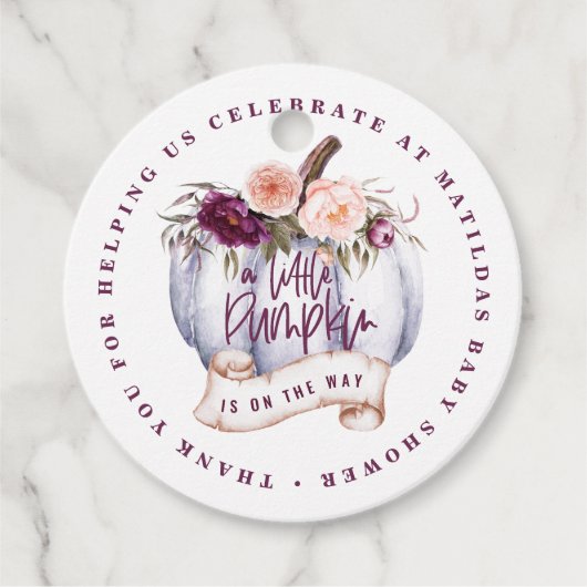 Étiquettes Cadeau Baby shower de chute d'aquarelle petit citrouille  (Devant)
