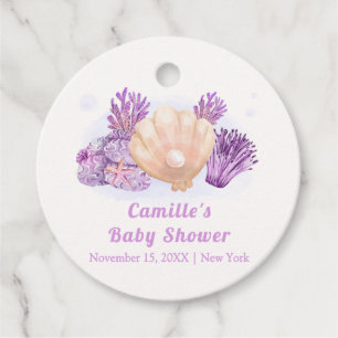Étiquettes Cadeau Baby shower de coquillage de perles violet Retro