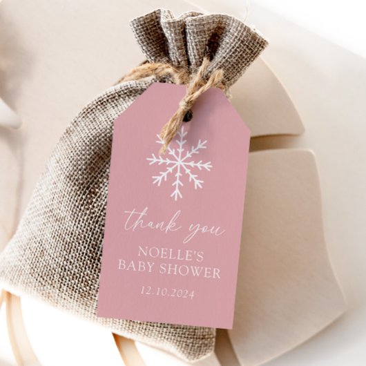 Étiquettes-cadeau Baby shower de flocons de neige rose