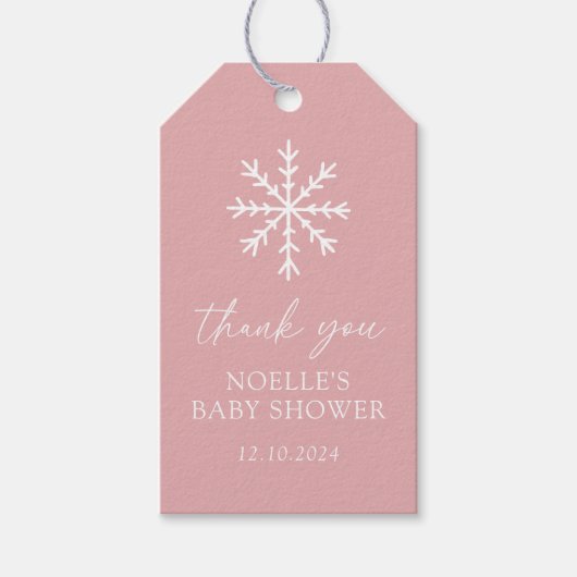 Étiquettes-cadeau Baby shower de flocons de neige rose (Devant)