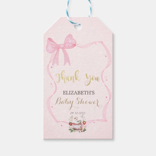 Étiquettes-cadeau Baby shower de la fraise, de l'oie, des points du (Devant)