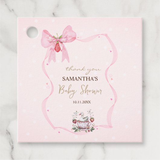 Étiquettes Cadeau Baby shower de la fraise, de l'oie, des points du  (Devant)