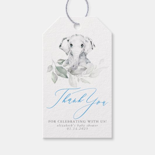 Étiquettes-cadeau Baby shower de Merci bleu éléphant bébé (Devant)