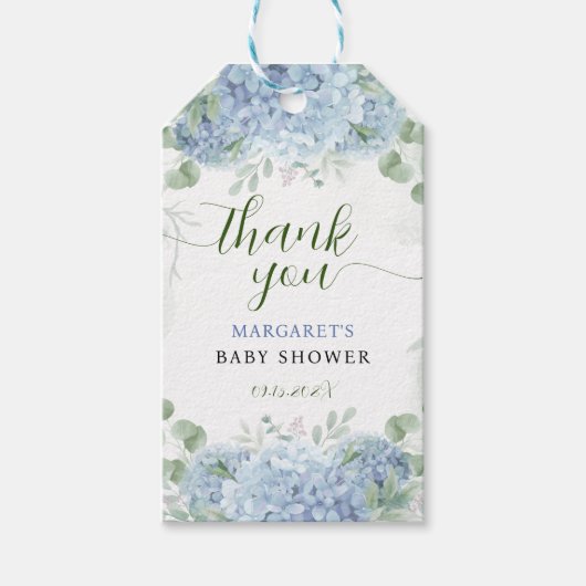 Étiquettes-cadeau Baby shower de Merci bleu hydrangea (Devant)