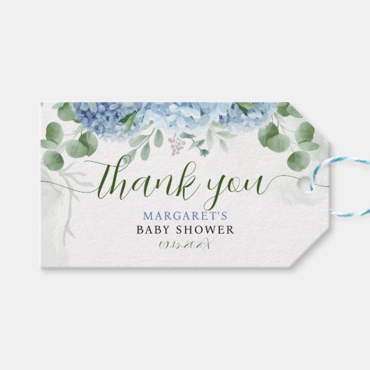 Étiquettes-cadeau Baby shower de Merci bleu hydrangea (Devant (Horizontal))