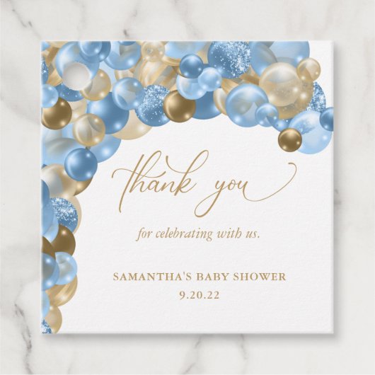 Étiquettes Cadeau Baby shower de Merci d'arc bleu et or (Devant)