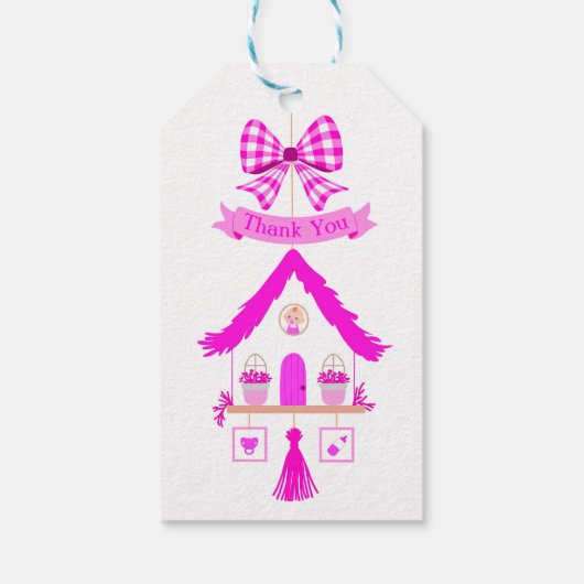 Étiquettes-cadeau Baby shower de Merci de maison rose (Dos)