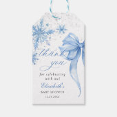 Étiquettes-cadeau Baby shower de snowflakes de Bow Blue Winter (Devant)