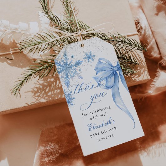 Étiquettes-cadeau Baby shower de snowflakes de Bow Blue Winter