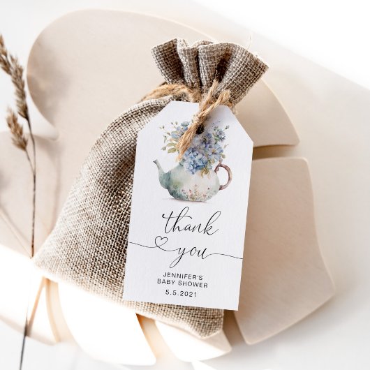 Étiquettes-cadeau Baby shower de théière Blue Hydrangeas merci