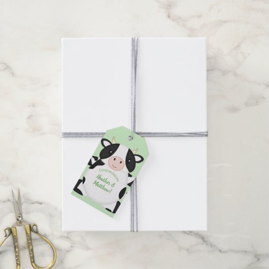 Étiquettes-cadeau Baby shower de vache vert (Avec de la ficelle)