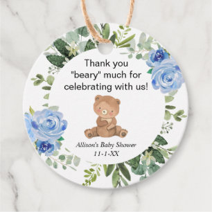 Étiquettes Cadeau Baby shower de verdure fleurie bleu ours en peluch