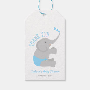 Étiquettes-cadeau Baby shower d'éléphant gris bleu doux