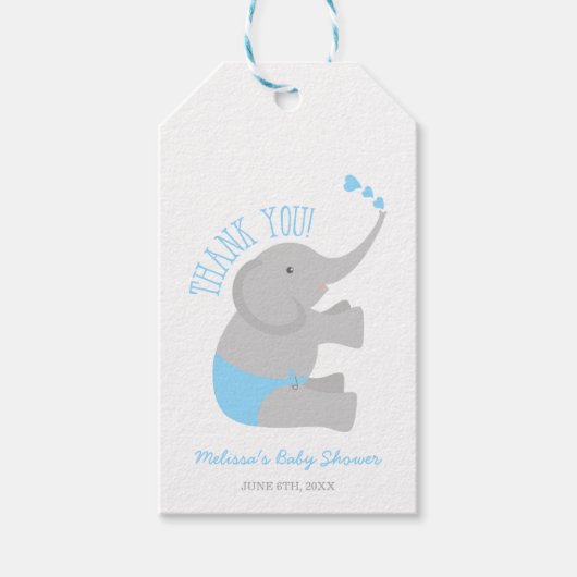 Étiquettes-cadeau Baby shower d'éléphant gris bleu doux (Devant)