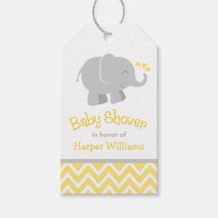Étiquettes-cadeau Baby shower d'éléphant jaune et gris moderne