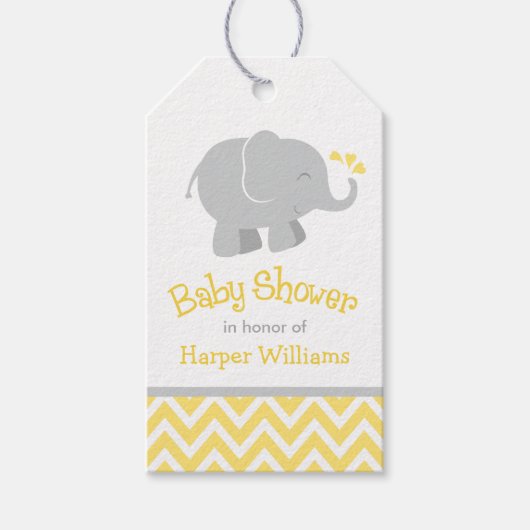 Étiquettes-cadeau Baby shower d'éléphant jaune et gris moderne (Devant)
