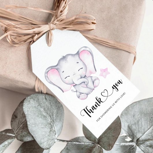 Étiquettes-cadeau Baby shower d'éléphant rose merci
