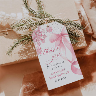 Étiquettes-cadeau Baby shower des flocons de neige de Bow rose d'hiv