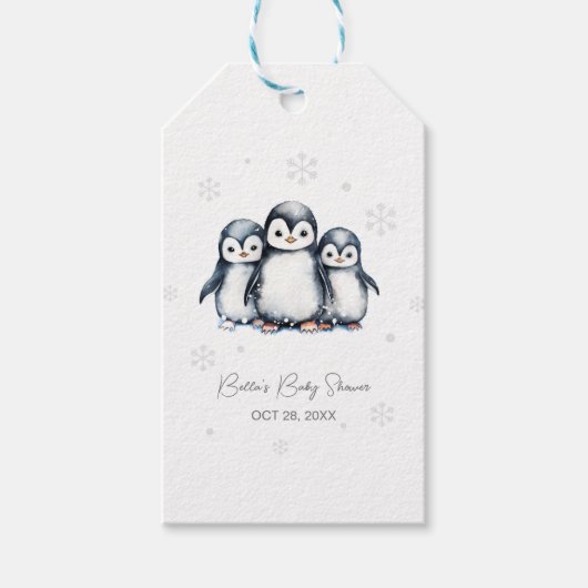 Étiquettes-cadeau Baby shower d'hiver de Pingouin mignon (Devant)