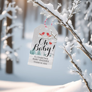 Étiquettes-cadeau Baby shower D'Hiver Moderne Scène De Neige Oiseau