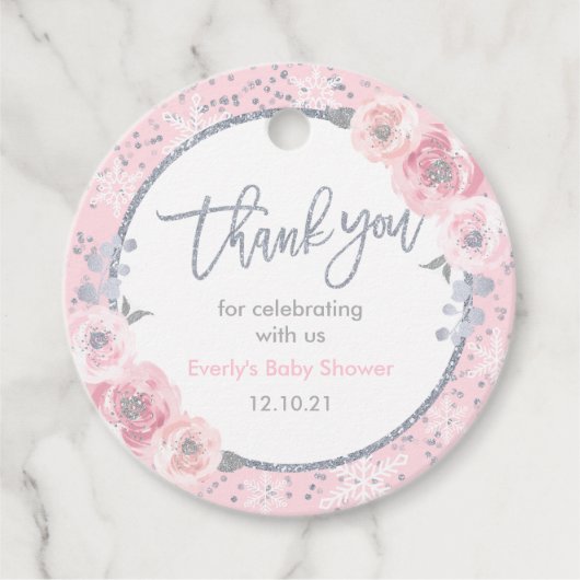 Étiquettes Cadeau Baby shower d'hiver Pink & Silver Snowflake Douche (Devant)
