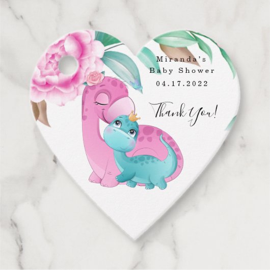 Étiquettes Cadeau Baby shower Dinosaures Turquoises rose mignon Merc (Devant)