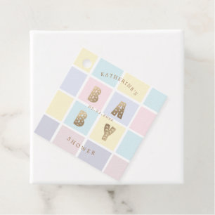Étiquettes Cadeau baby shower doré en bloc couleur pastel