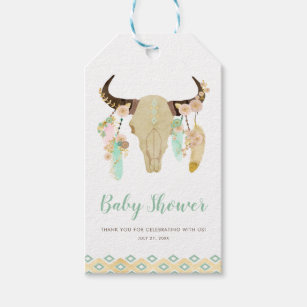 Étiquettes-cadeau Baby shower du crâne et des plumes florales tribal