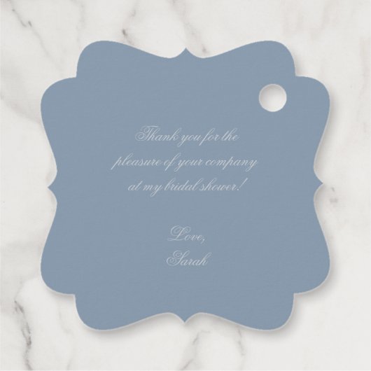 Étiquettes Cadeau Baby Shower Élégant Bleu Poussiéreux de Style Rége (Dos)