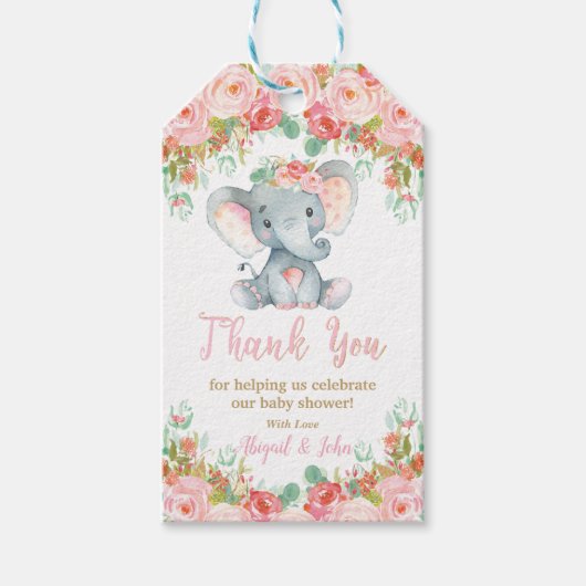 Étiquettes-cadeau Baby shower éléphant Merci Favoriser bébé fille (Devant)