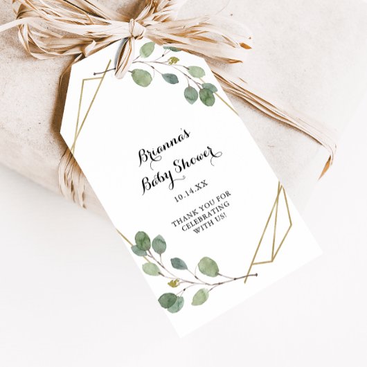 Étiquettes-cadeau Baby Shower Feuillage d'eucalyptus de verdure géom