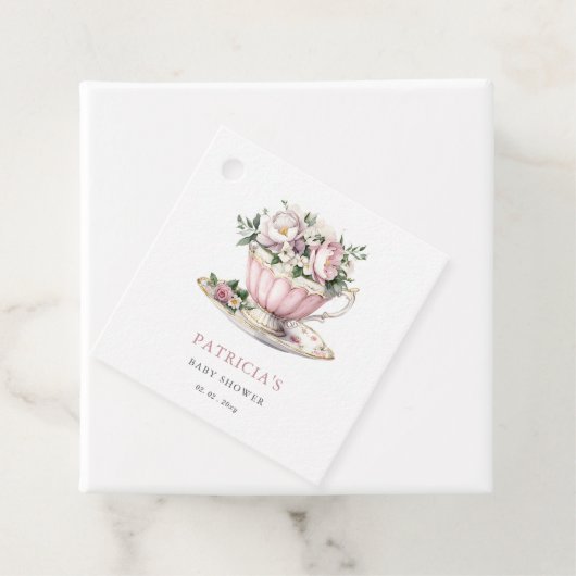 Étiquettes Cadeau Baby shower Fille de Tea Party rose vif (En situation)