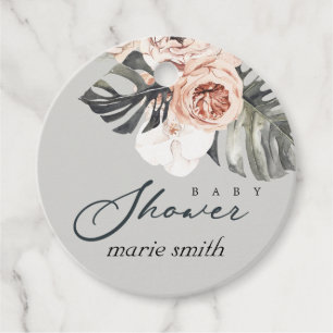 ÉTIQUETTES CADEAU BABY SHOWER FLEURI DE MONSTERA BLANC GRISÉ