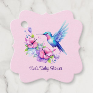 Étiquettes Cadeau Baby shower floral de colibri rose et pourpre