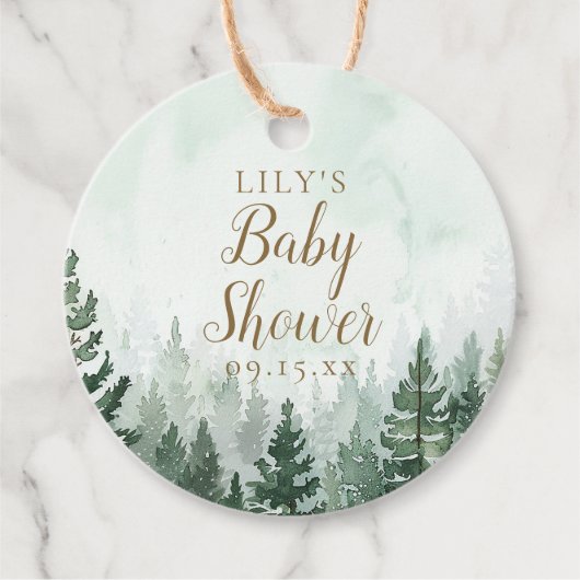 Étiquettes Cadeau Baby shower forestier rustique de pins (Devant)