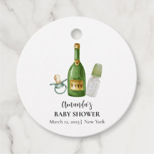 Étiquettes Cadeau Baby shower minimal vert Poppin Champagne bouteill