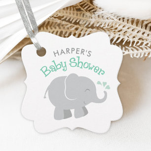 Étiquettes Cadeau Baby shower moderne à la menthe et à l'éléphant gr