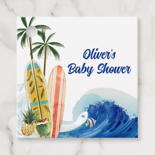 Étiquettes Cadeau Baby shower moderne Blue Ocean Wave Surboard (Devant)