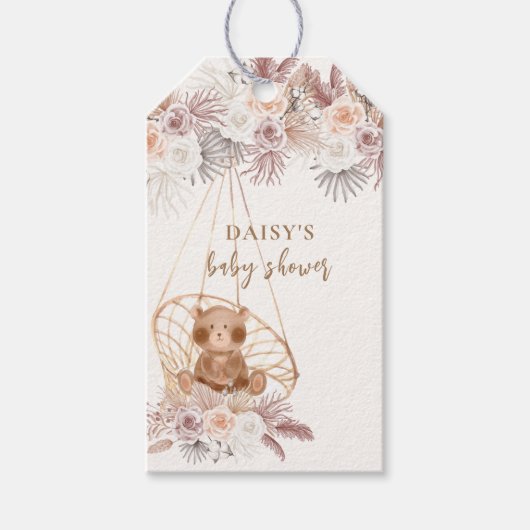 Étiquettes-cadeau Baby shower moderne Boho Teddy Bear Pampas (Devant)