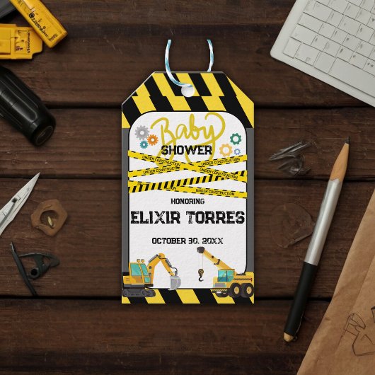 Étiquettes-cadeau Baby shower moderne en construction