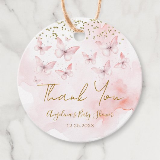 Étiquettes Cadeau Baby shower papillon rose fille Merci (Devant)
