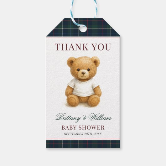 Étiquettes-cadeau Baby shower Plaid Vert épicé classique (Devant)