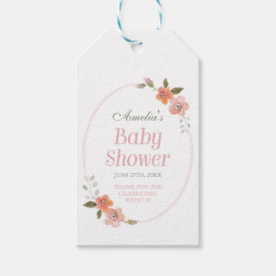 Étiquettes-cadeau Baby shower rose de Merci avec floral sensible