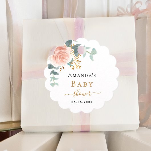 Étiquettes Cadeau Baby shower rousse rose à fleurs eucalyptus merci